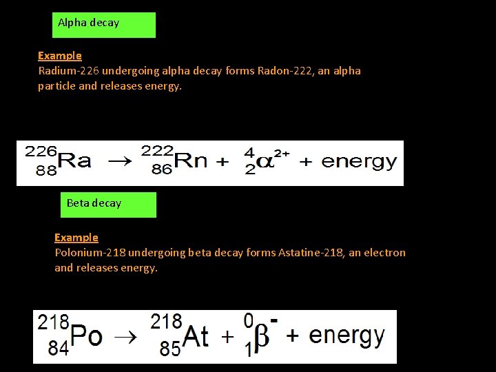 Alpha decay Example Radium-226 undergoing alpha decay forms Radon-222, an alpha particle and releases
