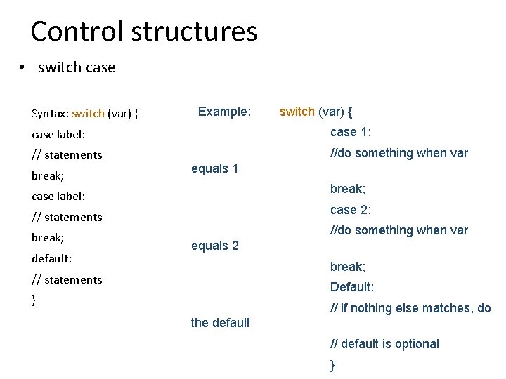 Control structures • switch case Syntax: switch (var) { Example: switch (var) { case