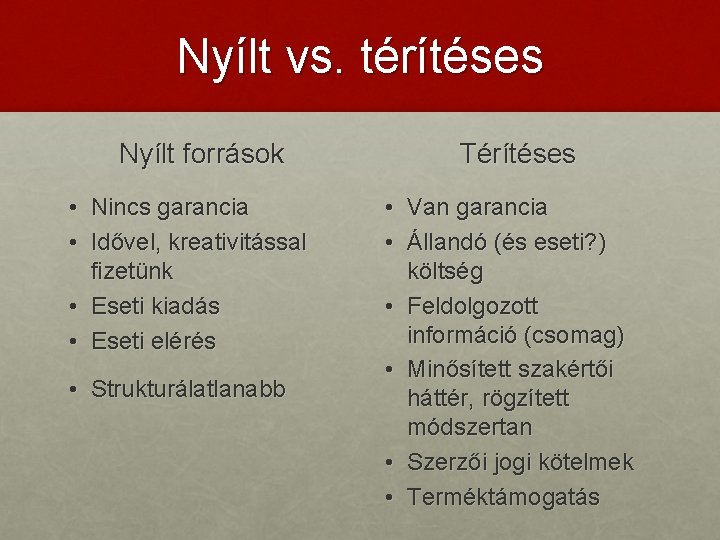 Nyílt vs. térítéses Nyílt források • Nincs garancia • Idővel, kreativitással fizetünk • Eseti