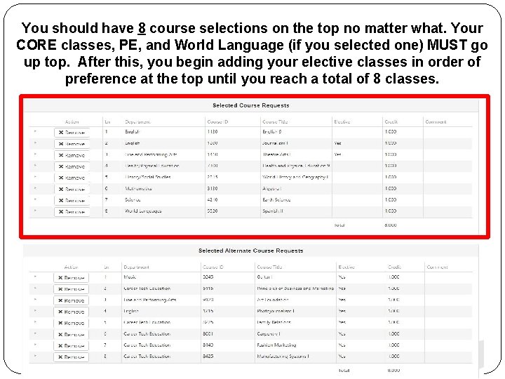 You should have 8 course selections on the top no matter what. Your CORE