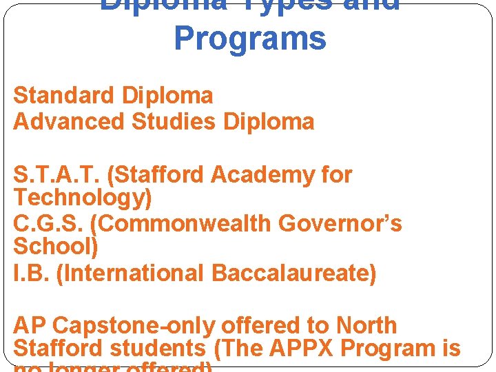 Diploma Types and Programs Standard Diploma Advanced Studies Diploma S. T. A. T. (Stafford