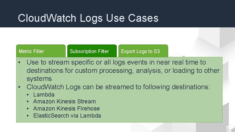 Cloud. Watch Logs Use Cases Metric Filter Subscription Filter Export Logs to S 3