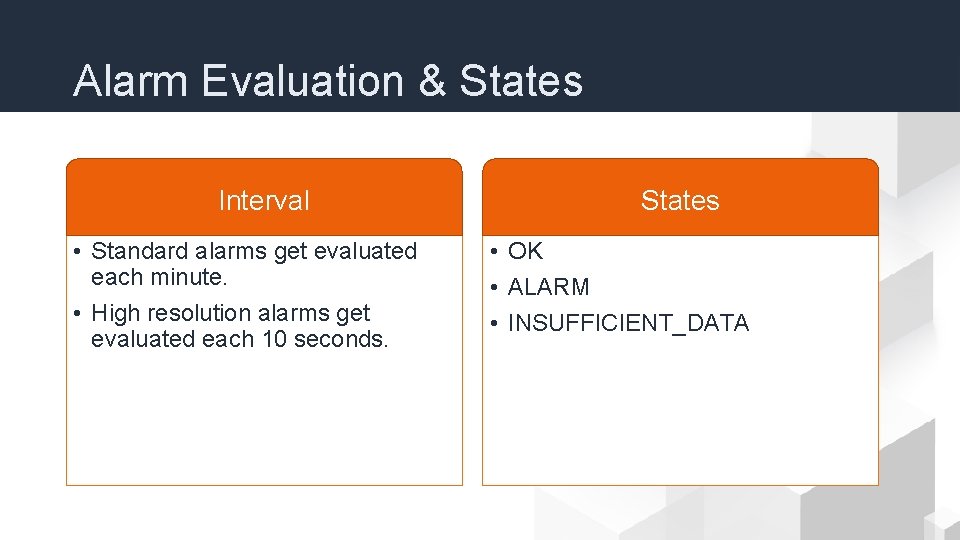Alarm Evaluation & States Interval • Standard alarms get evaluated each minute. • High