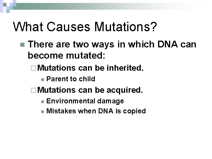 What Causes Mutations? n There are two ways in which DNA can become mutated: