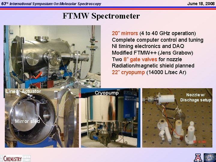 63 rd International Symposium On Molecular Spectroscopy June 18, 2008 FTMW Spectrometer 20” mirrors