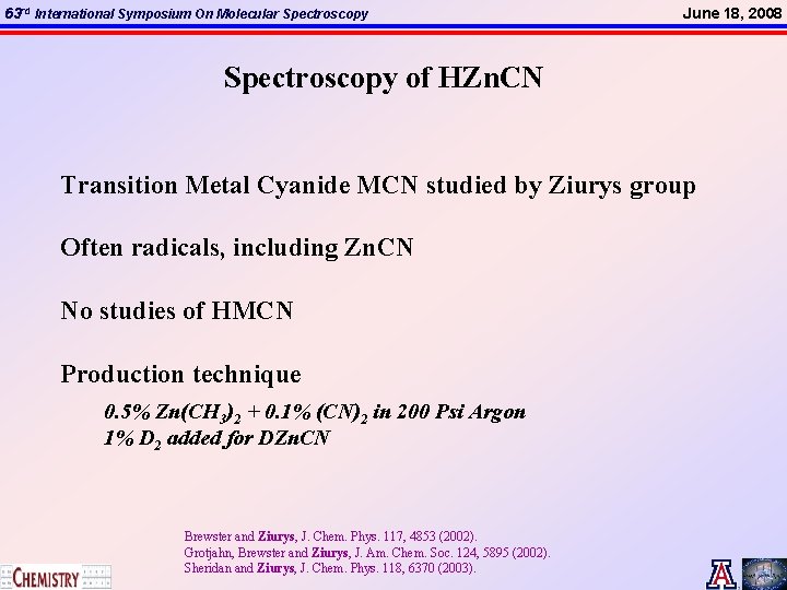 63 rd International Symposium On Molecular Spectroscopy June 18, 2008 Spectroscopy of HZn. CN