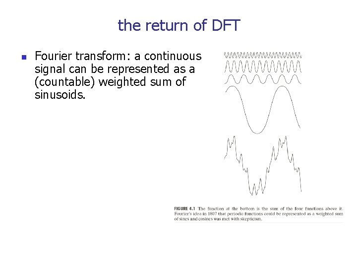 the return of DFT n Fourier transform: a continuous signal can be represented as