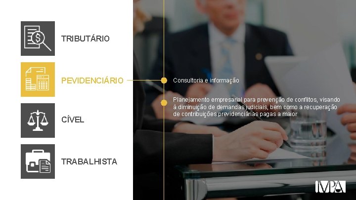 TRIBUTÁRIO PEVIDENCIÁRIO CÍVEL TRABALHISTA Consultoria e informação Planejamento empresarial para prevenção de conflitos, visando