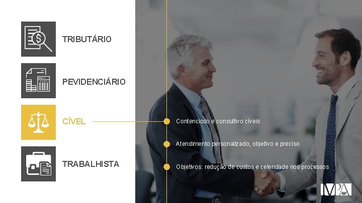 TRIBUTÁRIO PEVIDENCIÁRIO CÍVEL Contencioso e consultivo cíveis Atendimento personalizado, objetivo e preciso TRABALHISTA Objetivos: