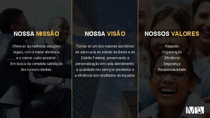 NOSSA MISSÃO NOSSA VISÃO NOSSOS VALORES Oferecer as melhores soluções Tornar-se um dos maiores