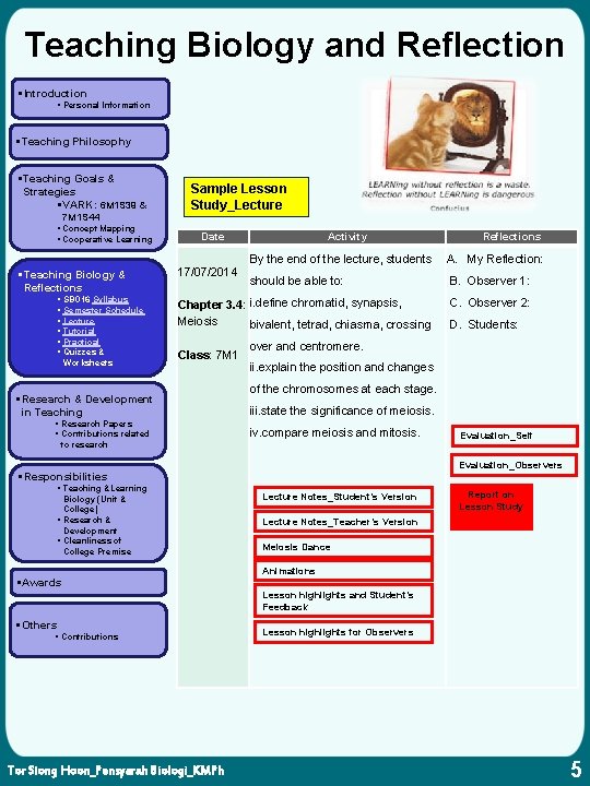 Teaching Biology and Reflection § Introduction § Personal Information § Teaching Philosophy § Teaching