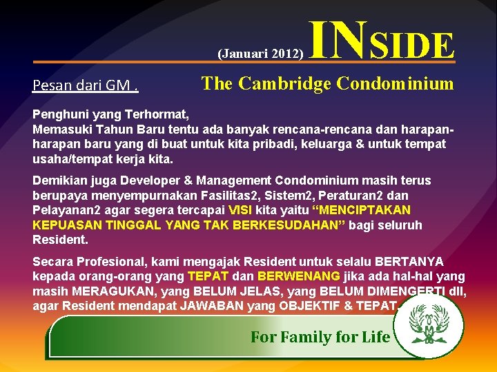 (Januari 2012) Pesan dari GM. INSIDE The Cambridge Condominium Penghuni yang Terhormat, Memasuki Tahun