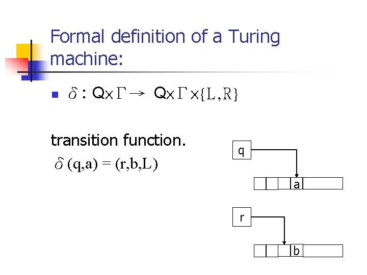 Formal definition of a Turing machine: n δ: Q×Γ→ Q×Γ×{L, R} transition function. δ(q,