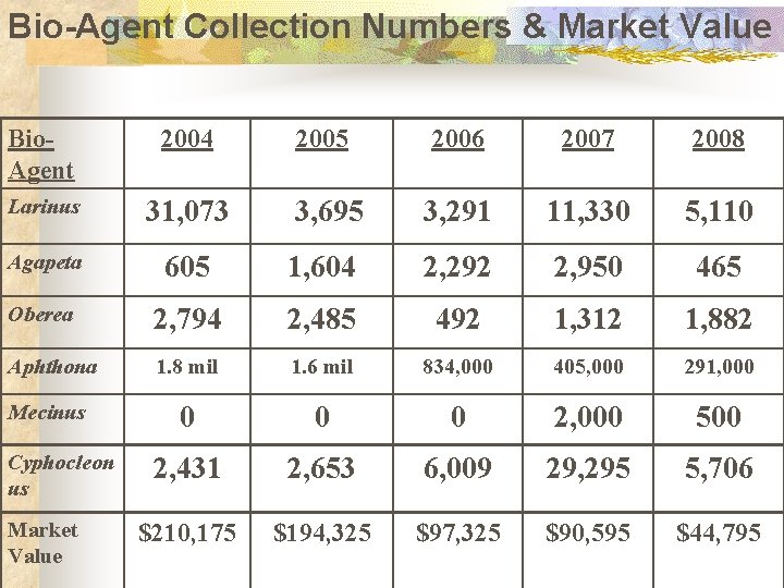 Bio-Agent Collection Numbers & Market Value Bio. Agent 2004 2005 2006 2007 2008 Larinus