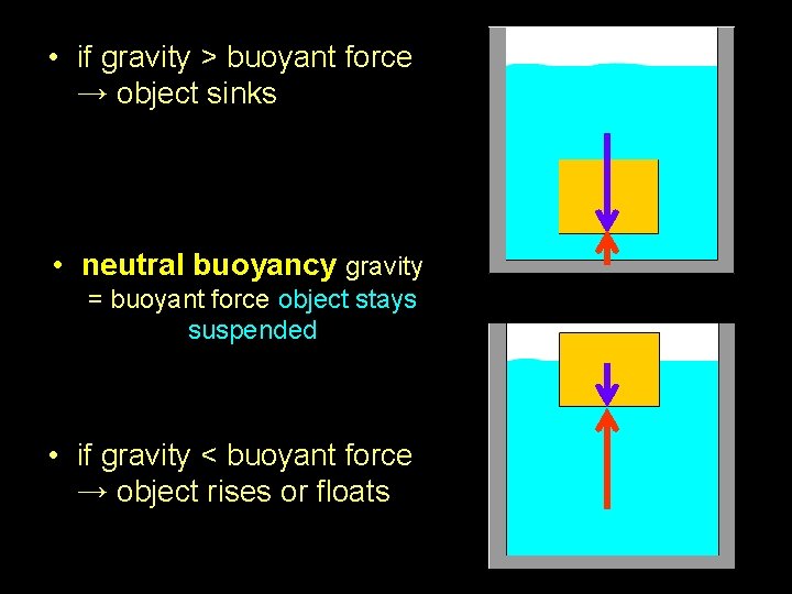  • if gravity > buoyant force → object sinks • neutral buoyancy gravity