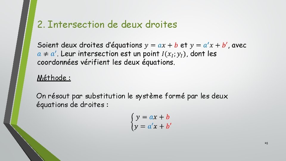 2. Intersection de deux droites Méthode : On résout par substitution le système formé