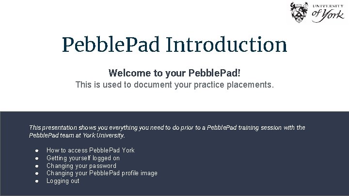 Pebble. Pad Introduction Welcome to your Pebble. Pad! This is used to document your