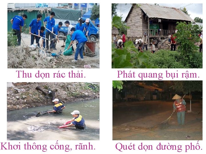 Thu dọn rác thải. Phát quang bụi rậm. Khơi thông cống, rãnh. Quét dọn