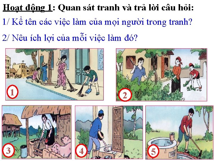 Hoạt động 1: Quan sát tranh và trả lời câu hỏi: 1/ Kể tên