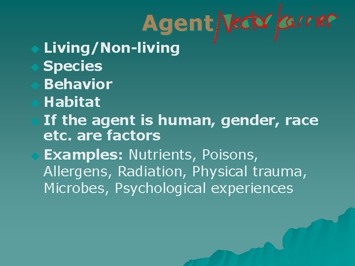 Agent Living/Non-living u Species u Behavior u Habitat u If the agent is human,
