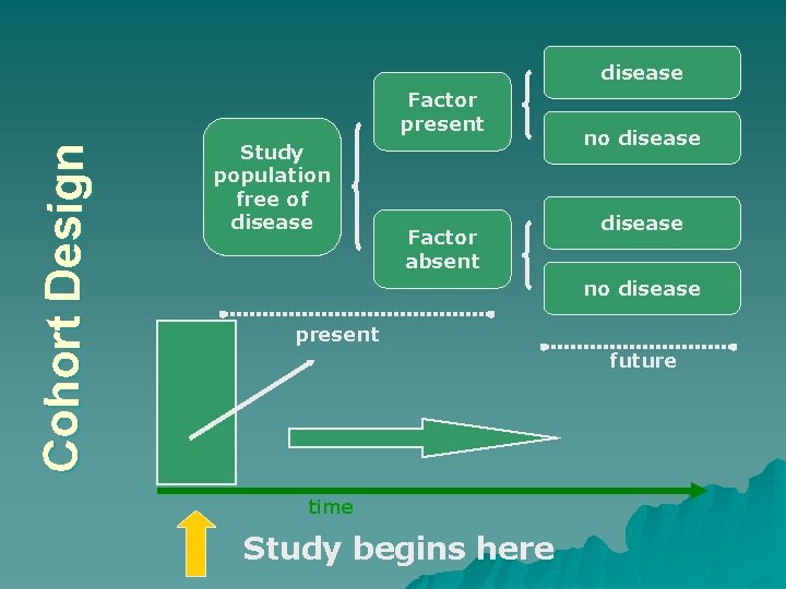 disease Cohort Des ign Factor present Study population free of disease Factor absent no