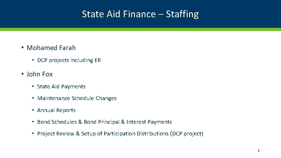 State Aid Finance – Staffing • Mohamed Farah • DCP projects including ER •