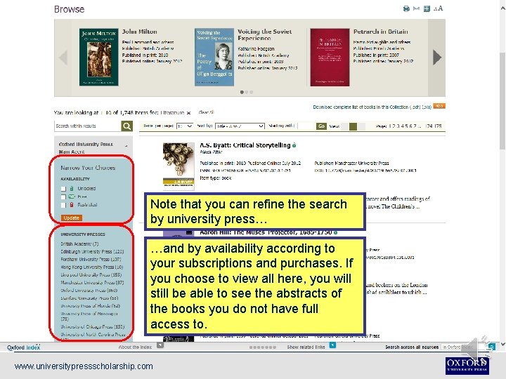 Note that you can refine the search by university press… …and by availability according