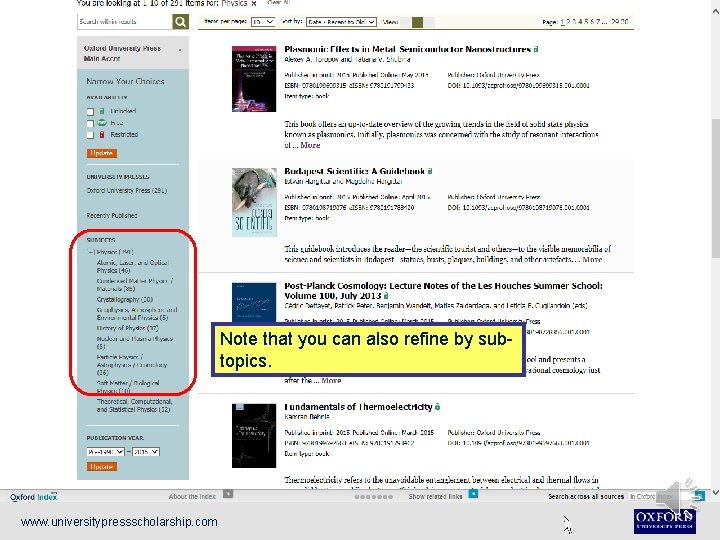 Note that you can also refine by subtopics. www. universitypressscholarship. com 