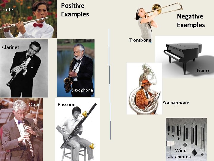 Positive Examples Flute Negative Examples Trombone Clarinet Piano Saxophone Oboe Bassoon Sousaphone Wind chimes