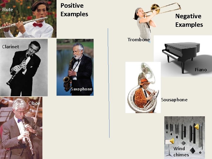 Positive Examples Flute Negative Examples Trombone Clarinet Piano Saxophone Oboe Sousaphone Wind chimes 