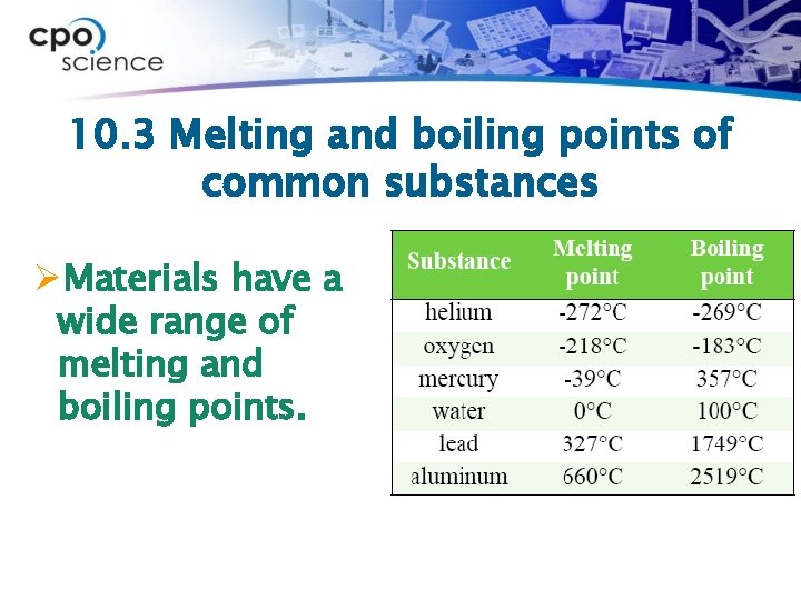 10. 3 Melting and boiling points of common substances ØMaterials have a wide range