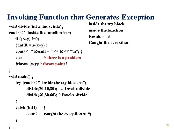 Invoking Function that Generates Exception inside the try block void divide (int x, int