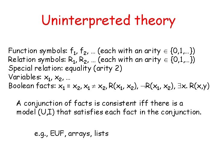 Uninterpreted theory Function symbols: f 1, f 2, … (each with an arity {0,