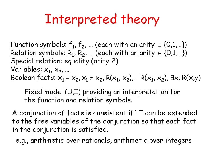 Interpreted theory Function symbols: f 1, f 2, … (each with an arity {0,