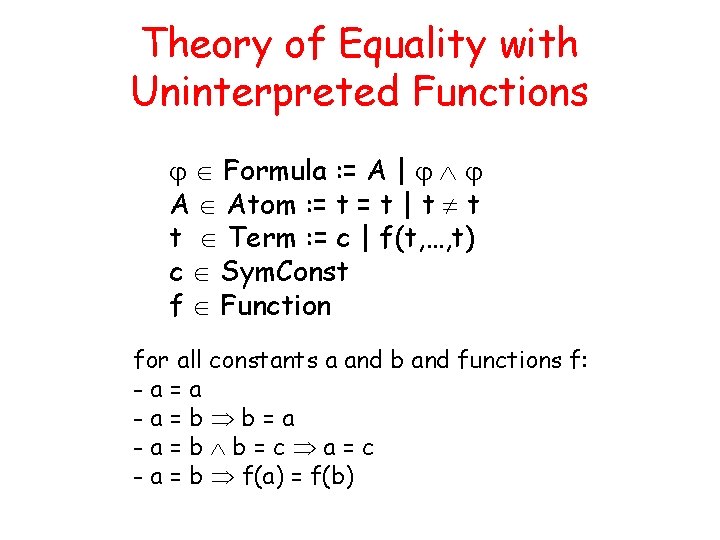 Theory of Equality with Uninterpreted Functions Formula : = A | A Atom :
