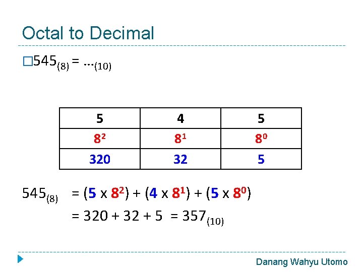 Octal to Decimal � 545(8) = …(10) 5 82 320 4 81 32 5