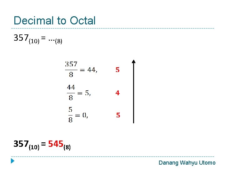 Decimal to Octal 357(10) = …(8) 357(10) = 545(8) Danang Wahyu Utomo 