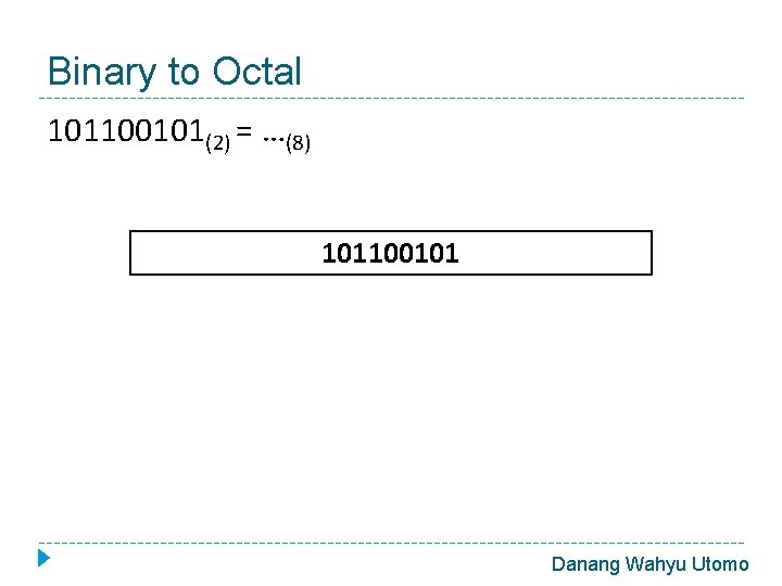 Binary to Octal 101100101(2) = …(8) 101100101 Danang Wahyu Utomo 