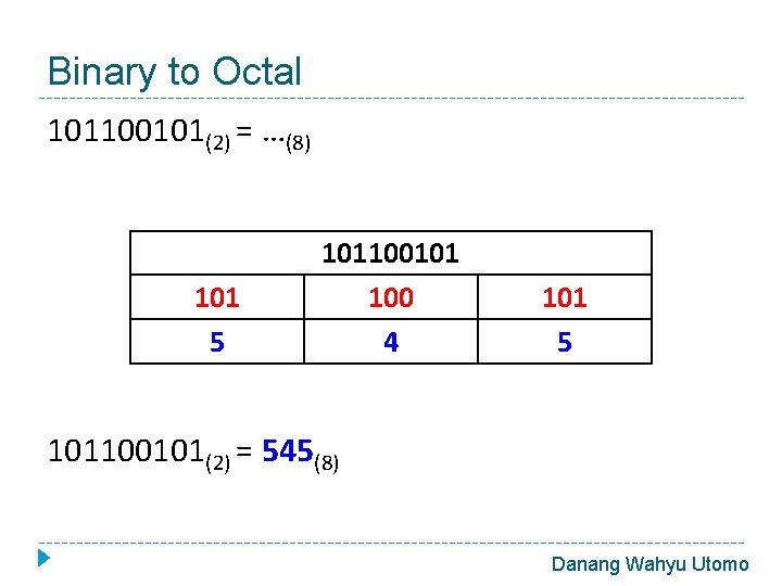 Binary to Octal 101100101(2) = …(8) 101 5 101100101 100 4 101 5 101100101(2)