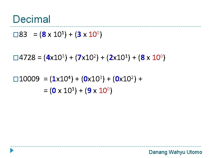 Decimal � 83 = (8 x 101) + (3 x 100) � 4728 =