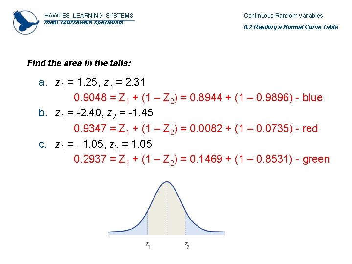 HAWKES LEARNING SYSTEMS math courseware specialists Continuous Random Variables 6. 2 Reading a Normal