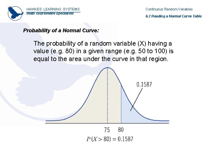 HAWKES LEARNING SYSTEMS math courseware specialists Continuous Random Variables 6. 2 Reading a Normal