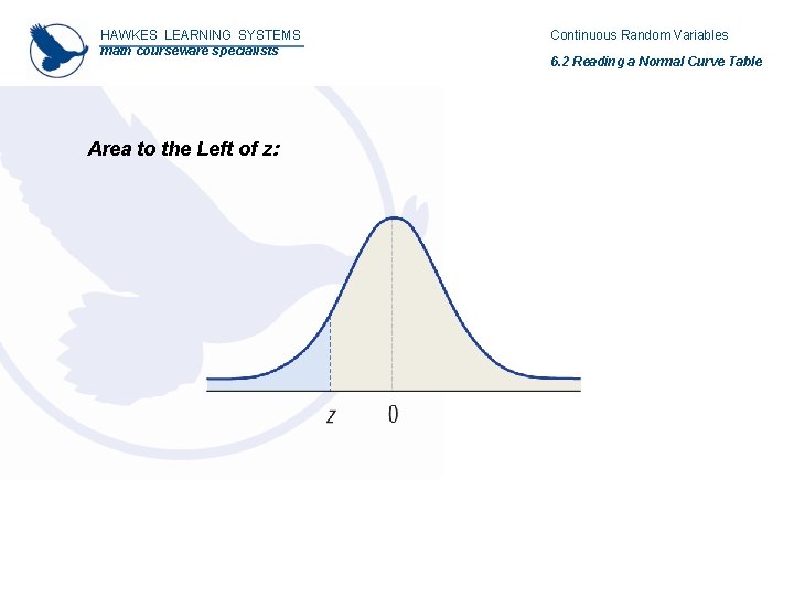 HAWKES LEARNING SYSTEMS math courseware specialists Area to the Left of z: Continuous Random