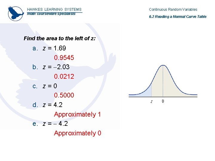 HAWKES LEARNING SYSTEMS math courseware specialists Find the area to the left of z: