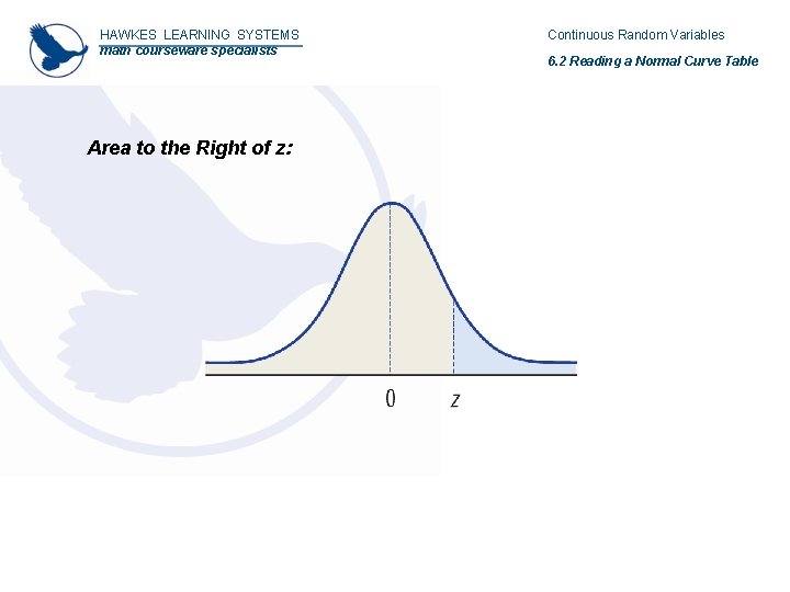 HAWKES LEARNING SYSTEMS math courseware specialists Area to the Right of z: Continuous Random