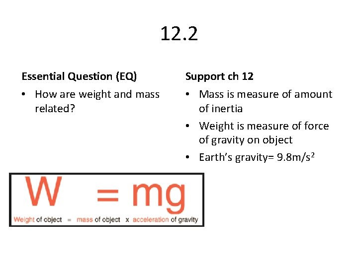 12. 2 Essential Question (EQ) Support ch 12 • How are weight and mass 12. 2 Essential Question (EQ) Support ch 12 • How are weight and mass