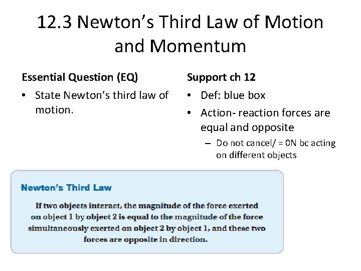 12. 3 Newton’s Third Law of Motion and Momentum Essential Question (EQ) Support ch 12. 3 Newton’s Third Law of Motion and Momentum Essential Question (EQ) Support ch
