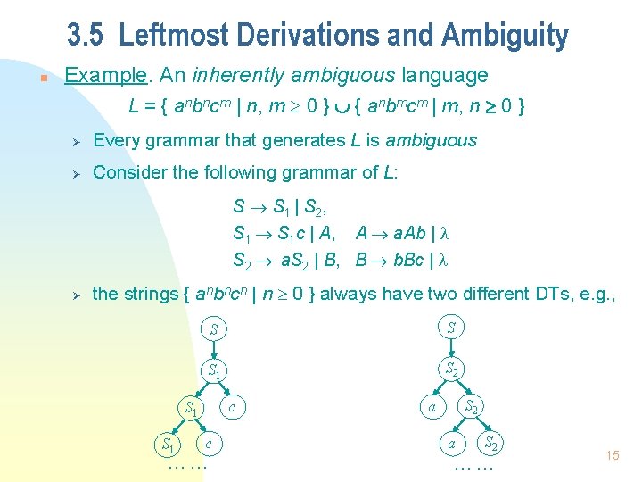 3. 5 Leftmost Derivations and Ambiguity n Example. An inherently ambiguous language L =