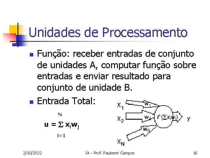 Unidades de Processamento n n Função: receber entradas de conjunto de unidades A, computar