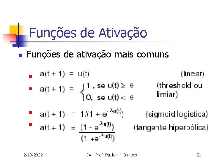 Funções de Ativação n Funções de ativação mais comuns n n 2/10/2022 IA -